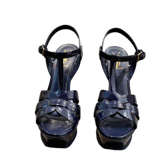 SAINT LAURENT NAVY TRIBUTE PLATFORM SANDALS IN PATENT LEATHER Size 39.5 - Picture 3 of 10